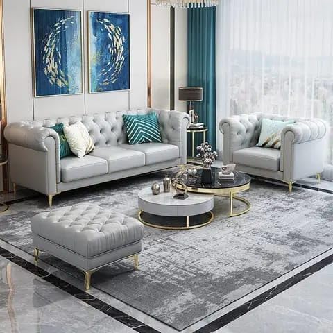 Image of Classic 3+1= 4 Seater with Footrest Seater Sofa Set Luxury Chesterfield Modern Fahionalable Sleeper Sofa for Living Room, Dining Room, (Grey)