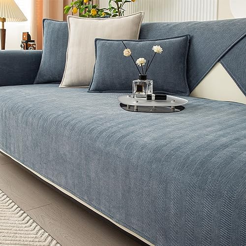 Funny Sofa Cover, Fuzzy Couch Cover, Herringbone Chenille Fabric Furniture Protector Sofa Cover, Cosy Solid Colour Non-Slip Couch Cover (Grayish Blue,110 * 160cm)