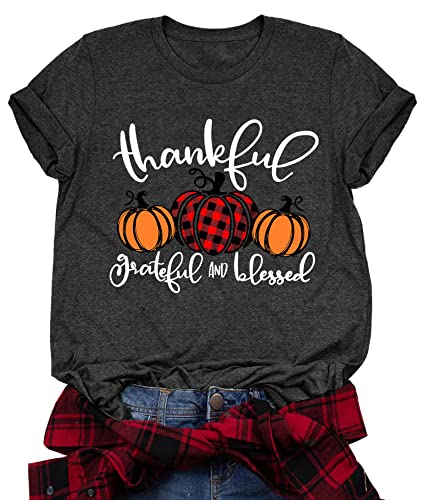 Thanksgiving Shirts for Women: Thankful Grateful Blessed Shirt Thanksgiving Pumpkin Tshirts Short Sleeves Fall Tops2
