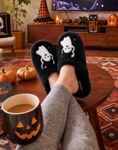 Women's Fuzzy Scuff Slippers, Ghosts, Size 7-8 - image 2