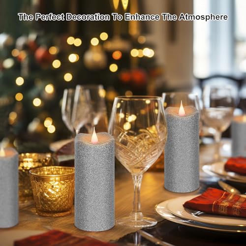 Simpdecor 2Pcs Glitter Flameless Candles 6'' Silver 3D Flickering Moving Flame Wick Led Candles Battery Powered Pillar Flameless Candle Set With Timer And Remote For Home Anniversary Events Décor thumb #1