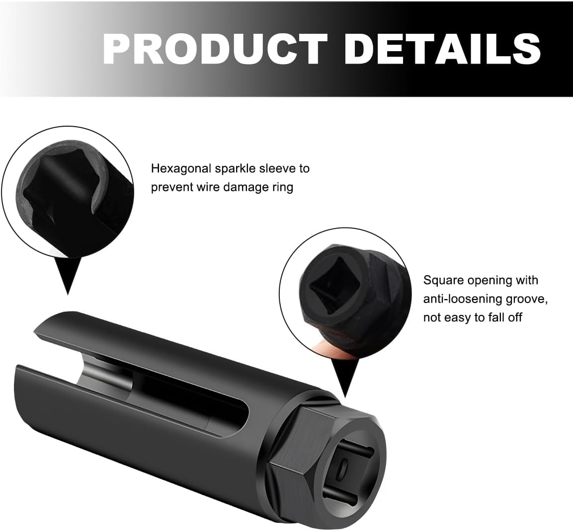 DXNQ 1/2" Drive 7/8" 6-Point O2 Sensor Socket Wrench with Side Wire Cutout and L-Shaped Extension Bar, Small and Large Opening Sizes, Chrome Vanadium Steel