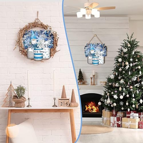 Image of ANGEL INFINITE inchLet It Snow inch Wooden Wall Hanging Decor | Blue Winter Gnomes & Snowflake Decorative Sign | Rustic Christmas Holiday Plaque for Home, Living Room & Entrance (30x30 cm)