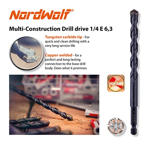 Nordwolf 5-Piece Metric Carbide Tipped Multi-Purpose Drill Bit Set For Sheet Metal, Wood, Block, Brick, Tile & Plastic, With 1/4" Hex Shank For Drills And Impact Drivers, Sizes 5.5-6.5-7-8-10Mm #TOP2