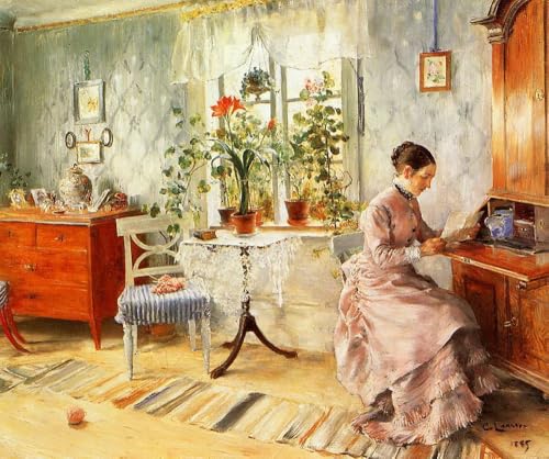Peinture à l'huile sur toile intérieur femme lisant Larsson