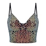 Erinaco Women's Sexy Sequins Crop Top Sparkle Glitter Spaghetti Strap Tank Top Slim Fit Sleeveless Camisole Vest Metallic Black