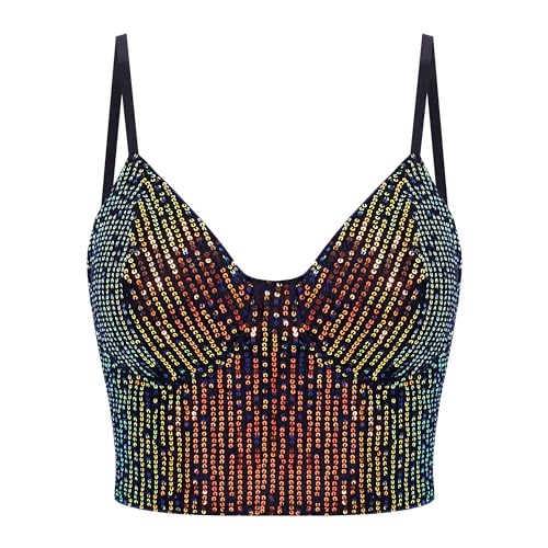 Erinaco Women's Sexy Sequins Crop Top Sparkle Glitter Spaghetti Strap