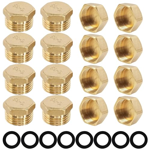 24 tapones ciegos para tubería de agua, rosca exterior de 1/2 pulgadas y rosca interior, tapón ciego de latón con arandelas de manguera para tuberías de agua de jardín, tapón ciego de 1/2 pulgadas