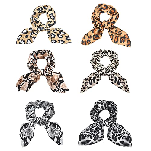 Yonchic 6-Piece Satin Bowknot Elastic Hair Ties, Animal Print Leopard Scrunchies Ladies Long Lasting Braids Ponytail Holders, Soft Elegant Bow Hair Tie Ribbon Rubber Bands Hair Accessories #TOP17
