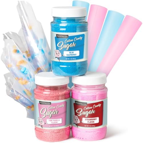 Nostalgia FSCC8 Cotton Candy Party Kit 3 Flavors, 4 Reusable Cones, 10 Floss Bags, 1