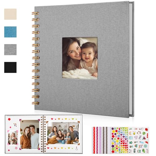 DazSpirit Leinen Fotoalbum zum Selbstgestalten, 20,5 x 20,5cm, 60 Weißen Seiten Fotobuch zum Einkleben mit Frontfenster, 5 Aufkleber, DIY Geschenk für Baby, Familie, Jahrestag, Geburtstag (Grau)