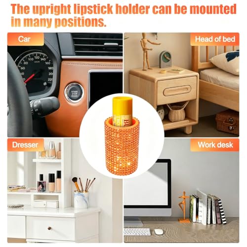 Image of Upright Car Chapstick Holder, Bling Insulating Lip Balm Holder,Rhinestone Car Accessories for Women Interior ,Suitable for Most Vehicles. (Orange)