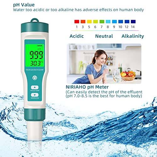 Ph Meter, Niriaho Tds Meter 8-In-1 Ph Tester Ppm Meter Ec Meter Salt Tester Orp H2 Tester Temp Tester Digital Range With 0-14, 0.001 High Accuracy, Ideal For Water/Pool/Aquarium/Wine(8-In-1 Ph Meter) #TOP3