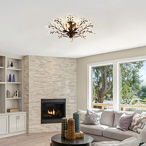 Seol-Light Vintage Large Crystal Branches Chandeliers Black Close To Ceiling Light Flush Mount Fixture With 5 Light 200W 31.5" Dia #TOP3