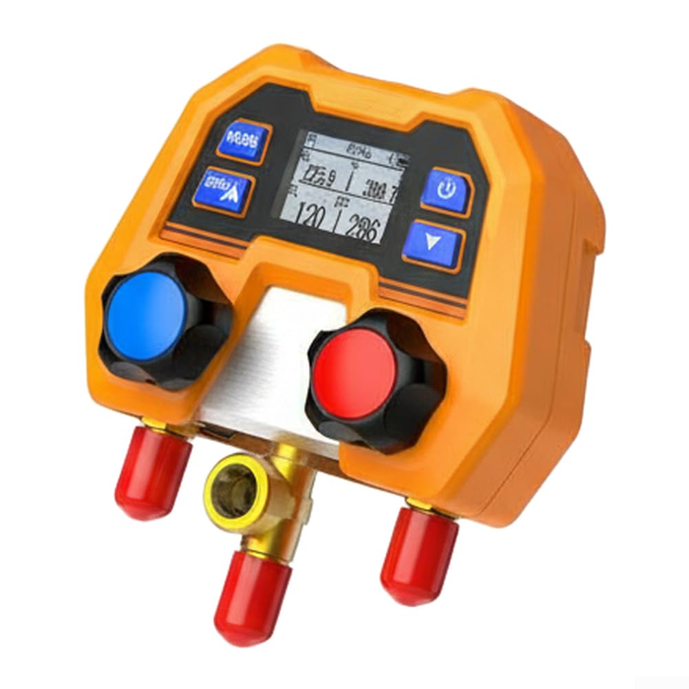 Medidor digital de fluoruro HVAC herramienta para reparación de CA, lector preciso de temperatura de presión, cuerpo de metal de doble válvula, color naranja, 110 x 75 x 135 mm