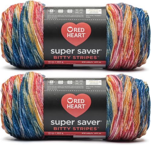 Image of Red Heart Super Saver Bitty Stripes Sunset Beach Yarn - 10 oz /283g - 100% Acrylic - #4 Worsted (Medium) - 515 Yards - Knitting /Crochet, 2 Count (Pack of 6)