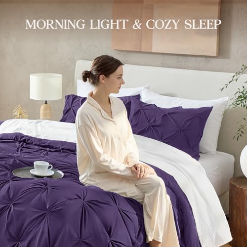Image of Andency Full Pinch Pleat Comforter Set (79 inchx90 inch),3 Piece Lightweight Pintuck Bedding Comforters & Sets, Fluffy Down Alternative Comforter with 2 Pillow Shams for All Season,Purple