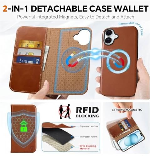 Image of WHITBULL Flip Case Detachable Leather Wallet Cover Removable 2 in 1 Smart Case Compatible with iPhone 16 Plus /iPhone 16 Max (Brown)