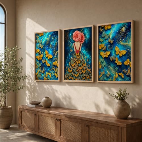 Image of Livin'luxe Set of 3 Butterfly Girl Abstract Wall Paintings for Living Room Dining Bedroom Decor with Premium Wooden Color Synthetic Frame (25.5 x 19.5 Inch) NM03-90