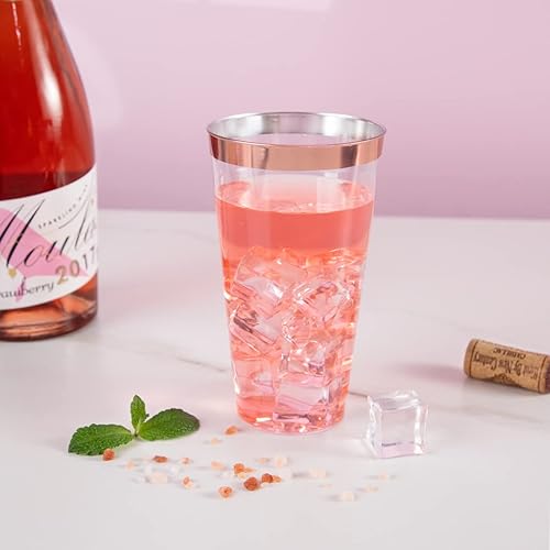 Miniatura 7 de LIYH - 100 vasos de plástico de oro rosa, vasos de plástico con borde de oro rosa de 16 onzas, elegantes tazas de boda de plástico transparente,