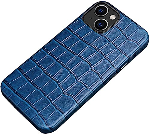 Coque iPhone 13 cuir véritable crocodile bleu luxe et protection microfibre