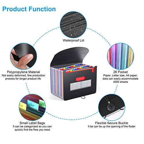 BluePower 26 Pockets Accordian File Folder Organizer, Expanding Filing Box A4 Letter Size Expandable Plastic Folders, Portable Accordion Document Paper/Bill/Receipt/Files with 3 Pcs A-Z Alphabet Tabs