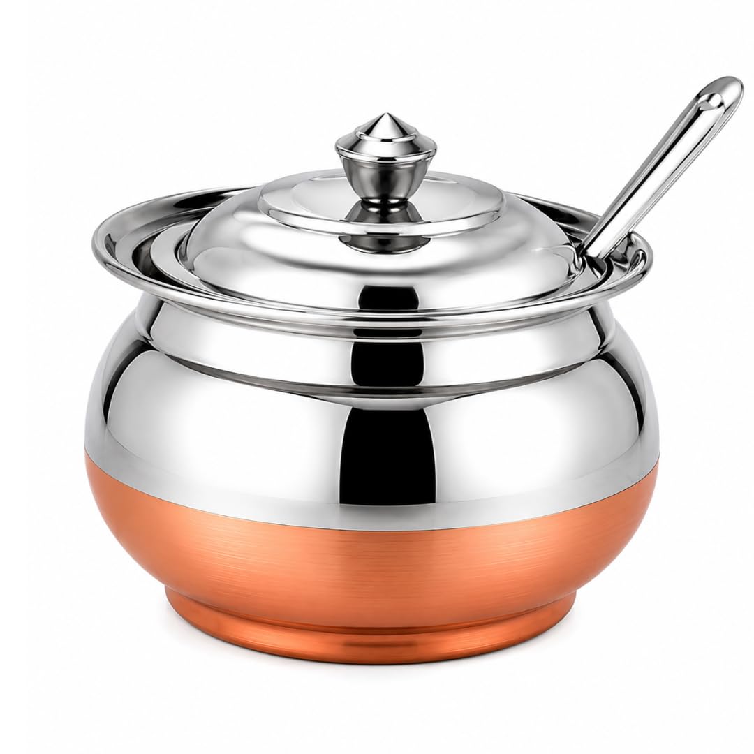 BIGNAY Stainless Steel Ghee Pot with Lid & Spoon | Multipurpose Storage Container for Ghee, Oil, Butter, Pickles & Condiments for Kitchen & Dining Table (Ghee Pot 250 ml)