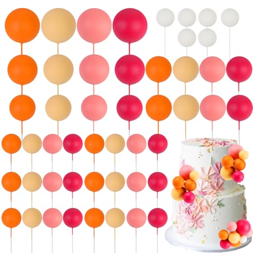 CORNER LACE 52 Pcs Goovy Theme Ball Cake Decorations - Rose Pink Orange Yellow White Ball Dessert Picks & Cupcake Toppers, Wedding Bridal Shower Birthday Party Baby Shower Gender Reveal Cake Supplies