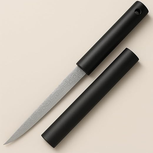 Machado 15cm Compact Ultra-Sharp Blade Knife with Sheath | Stainless Steel Damascus Pattern, with Safety Cover | Lightweight & Portable Utility Pocket Knife (Black)