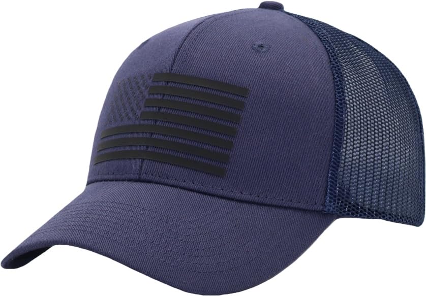 Image of Navy Blue American Flag Trucke Dad Hat, USA Army Patriotic Structured Adjustable Mesh Snapback Baseball Cap, US 4th of July 250 Anniversary Veteran Memorial Day Ball Caps for Men Women