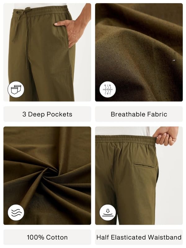 Image of SAADAA Men's 100% Cotton Pants | Mid-Rise Straight Fit Casual Trousers with Elastic Waistband and 3 Pockets | Everyday Wear