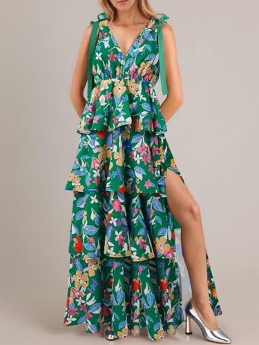 Image of Wenrine Womens Summer Floral Maxi Dress Tie Strap Sleeveless V Neck High Slit Boho Ruffle Tiered Beach Dresses