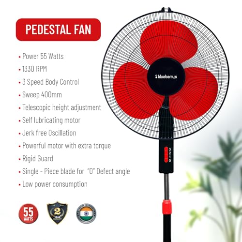 Image of Blueberry's High-Speed Oscillating Pedestal Fan, 3-Adjustable Fan Speeds, Rust Resistant Body, Adjustable Length, RPM 2200, 400-mm Sweep Length (Red)