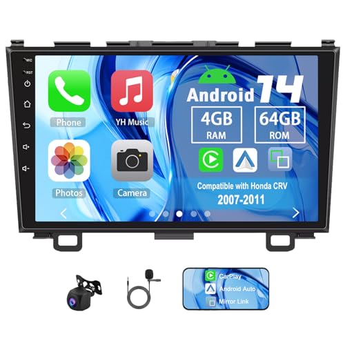 Slakerbe Android 14 Autoradio 2 Din mit Carplay Android Auto kompatibel mit Honda CRV 2007-2011, 4G+64G 9 Zoll Auto Radio Stereo mit Bluetooth Navi WiFi FM RDS Rückfahrkamera Mic