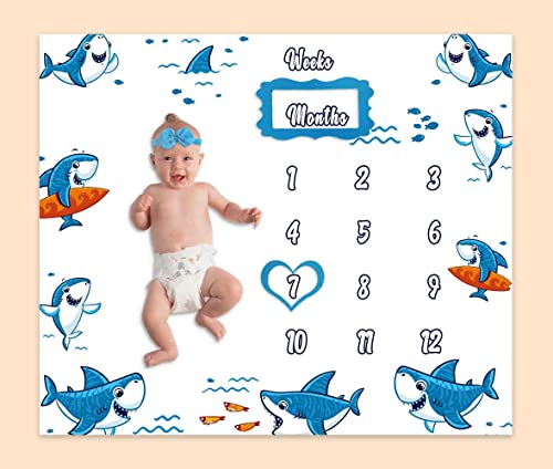 Image of Baby Milestone Blanket Blue Shark Ocean Theme Growth Chart Month Blanket for Baby Pictures 48"x40" New Born Photography Backdrop 1 to 12 Months Shower Gifts Include 4 Frames, 1 Headband BTQQPH134