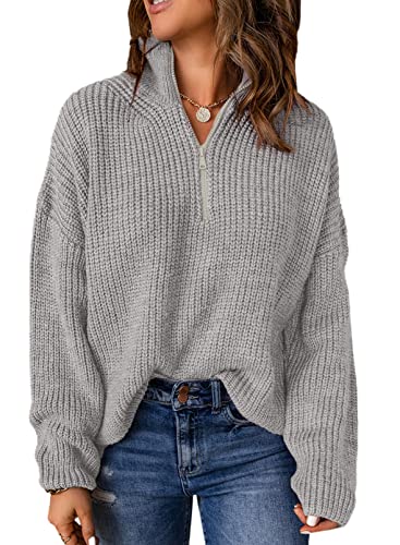 Evaless Sweaters For Women Waffle Knit Long Sleeve Quarter Zip Pullover For Women Business Casual Fall Fashion Tops Winter Trendy Aestheic Teathcer Clothes V Neck Oversized Gray Sweater,Samll Size #TOP11