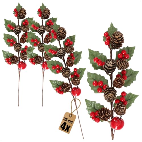 com-four® 4x mistletoe with apple - Christmas arrangement for decorating the table, Advent wreaths - decoration for Advent arrangement 36 x 13 x 8 cm (04 pieces - red + brown + green)