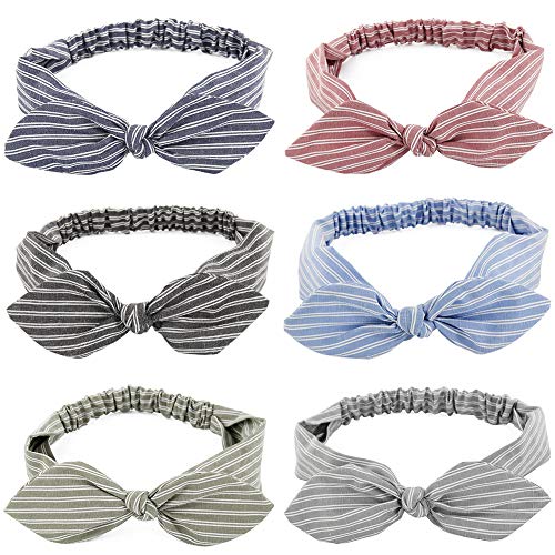 Carede Strip Pattern Bow Knotted Headbands Removable Cute Rabbit Ears Headbands for Girls Women,Pack of 6