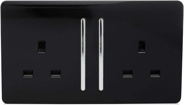 Trendi Switch 2 Gang Artistic Modern Glossy 13 Amp Electrical Long Switched Plug Socket Black