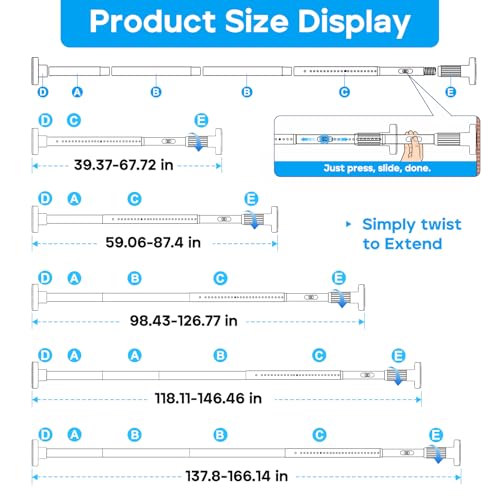 Image of Tension Curtain Rod,40-166IN(3.33-13.83Ft) 2PCS One-Click Fast Extension Rod Easy to Install White Long Outdoor Curtain Rods No Drilling Never Rust