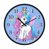 Yoogain Reloj de pared silencioso que no hace tictac, funciona con pilas, activado por voz, moderno, dibujos animados, lindos unicornios arcoíris blancos, 12 pulgadas, para cocina, baño, oficina en