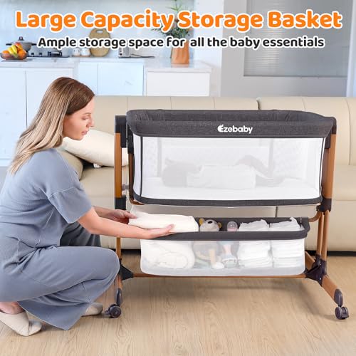 Image of Ezebaby 3-in-1 Baby Bassinet, Rocking Baby Bassinets Bedside Sleeper, Adjustable Portable Crib for Newborn Infant with Wheels Storage Basket and Mesh Sides
