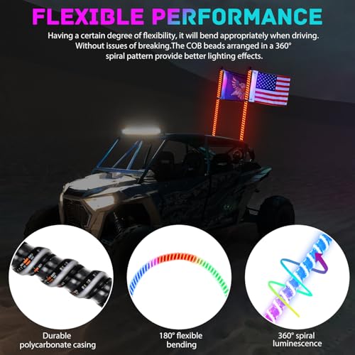 Image of Nilight LED Whip Light 2 PCS 3FT COB RGB Lighted Antenna Whips with Spring Base Remote & App Control DIY Patterns Turn Brake Reverse Lights for Can-am Offroad ATV UTV RZR Polaris Dune Buggy Truck