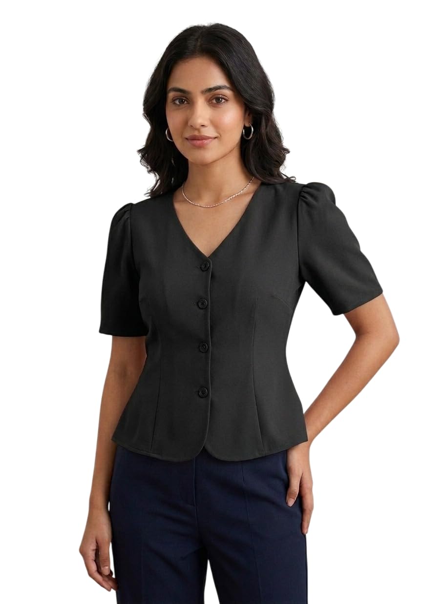 Women's V-Neck Puff Sleeve Button-Front Fitted Blouse-picture-10