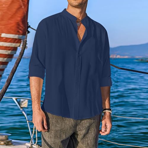 Mens Cotton Linen Shirt Long Sleeve Mandarin Collar Button Down Shirt Lightweight Breathable Beach Tops4