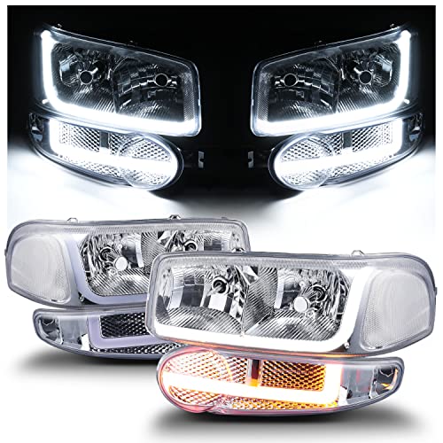 M-AUTO Chrome L&R Switchback LED Tube Headlight Assembly w/ 2 Pair Pre-assembled 6000K LED Bulbs Compatible with 01 GMC Sierra C3, 02-06 Sierra 1500 Denali, 01-06 Yukon Denali/Yukon Xl 1500 Denali