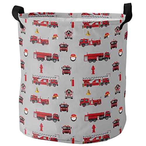 Fire Truck Cars Large Laundry Basket,Collapsible Bag with Easy Carry Handles,Educational Red Grey Cartoon Rescue Themed Waterproof Foldable Freestanding Hamper,Folding Washing Bin Clothes Storage