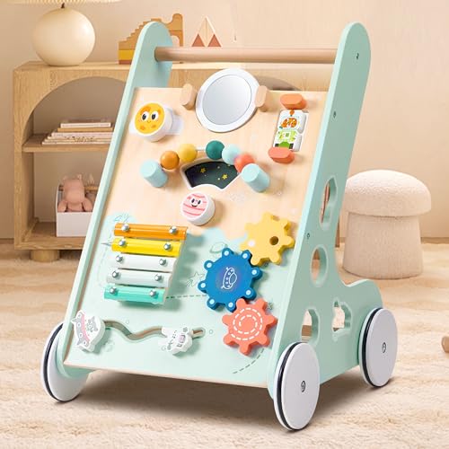 Image of Wooden Walker Push and Pull Learning Activity Walker, Push Walker with Multiple Activities Center, Green