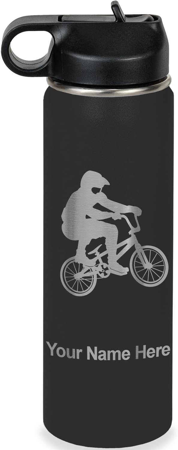 LaserGram Personalized Water Bottle, BMX Rider, Stainless Steel Double Wall Vacuum Insulated with Flip Top Straw, Custom Engraved Gift (20oz / 590ml Black)