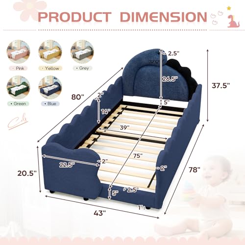 Image of Twin Size Kids Floor Bed Frame, Upholstered Montessori Platform Bed Cute Dinosaur-Shaped Daybed Frame for Girls Boys, No Box Spring Required, Blue